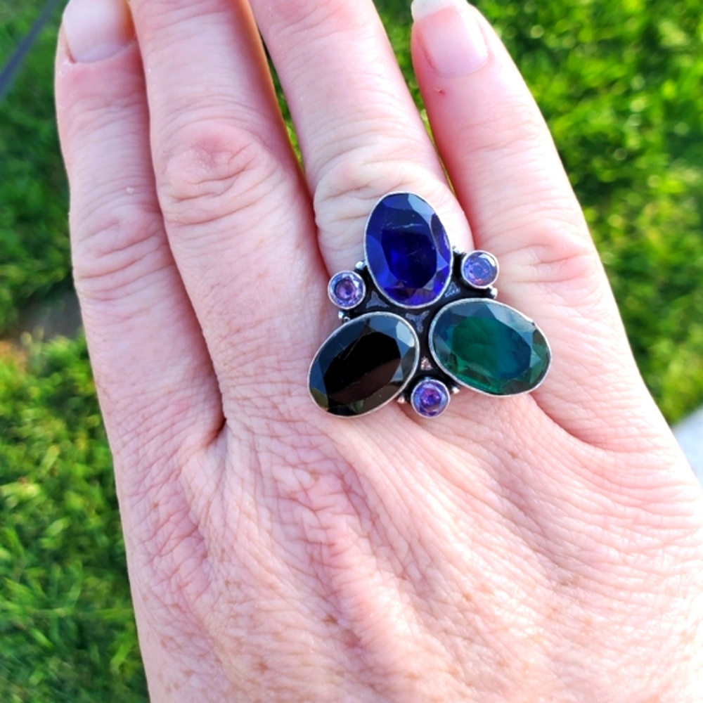 New Oversized Green Quartz,  Iolite, Amethyst, Black Onyx 925 Silver Ring.